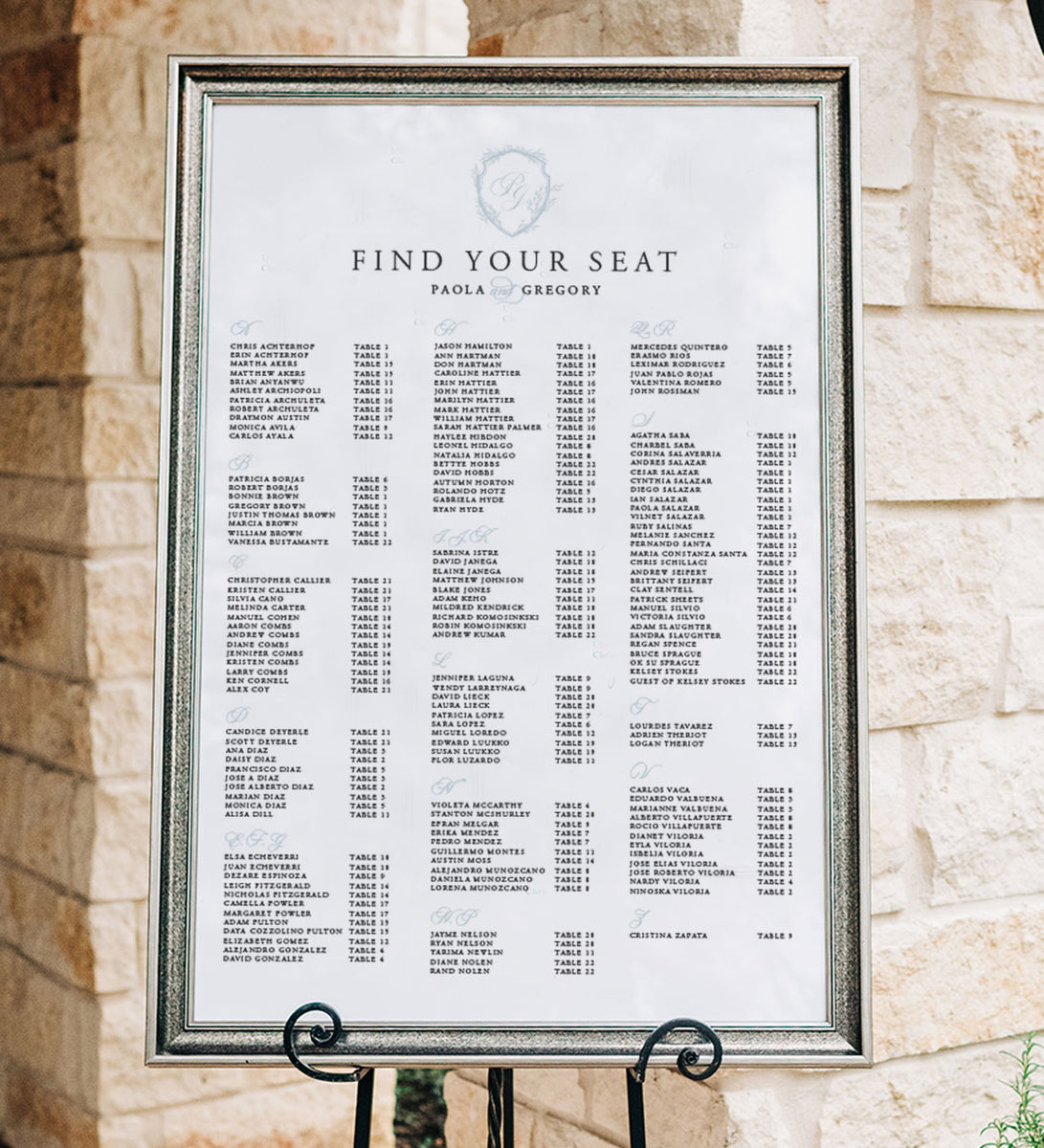 Wedding Seating Chart  Personalized Monogram Shield