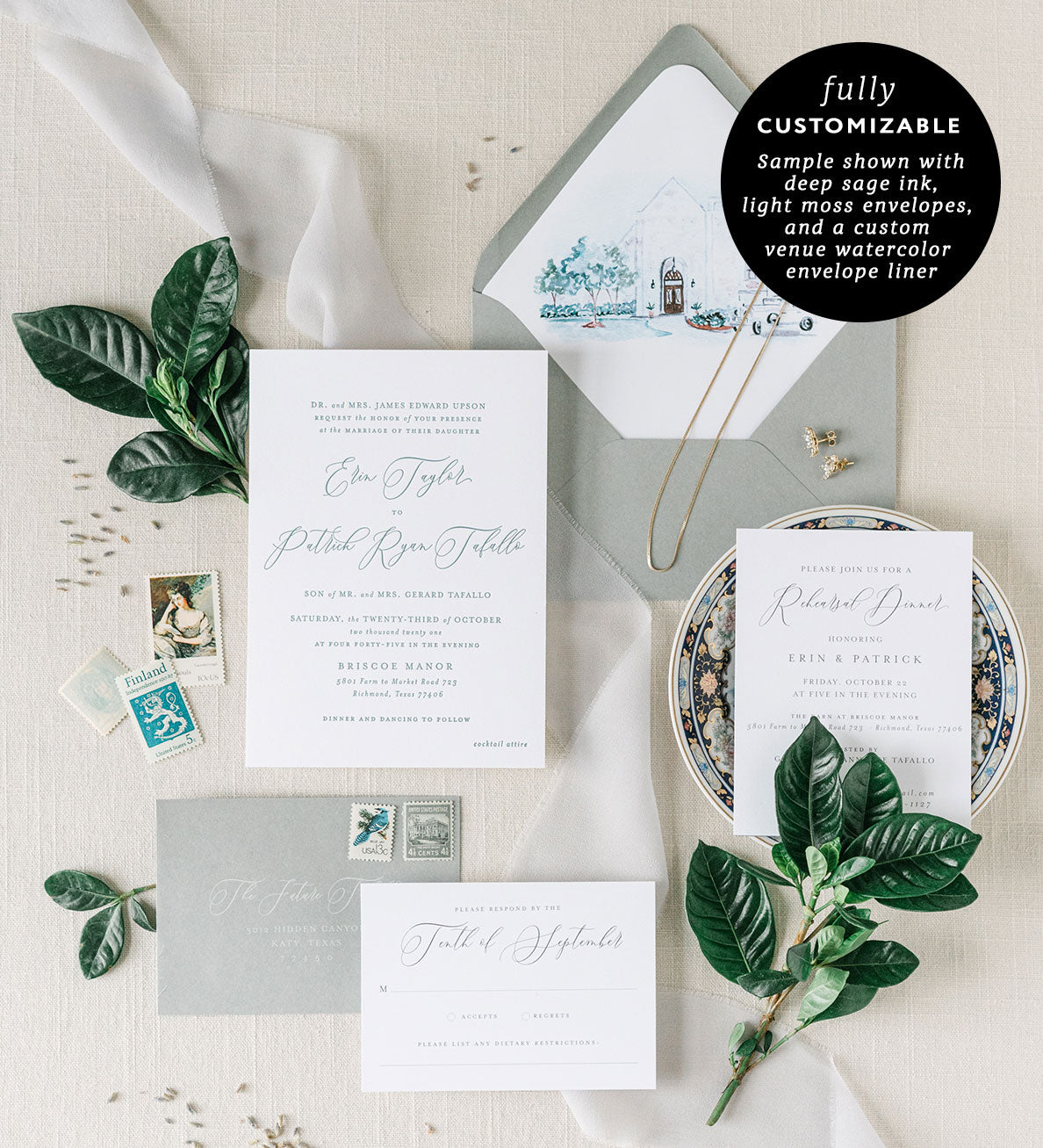 Romantic Calligraphy Letterpress Wedding Invitations with Envelopes, M